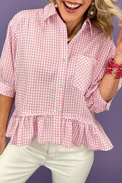 Pink Plaid Half Sleeve Ruffle Hem Button Down Shirt