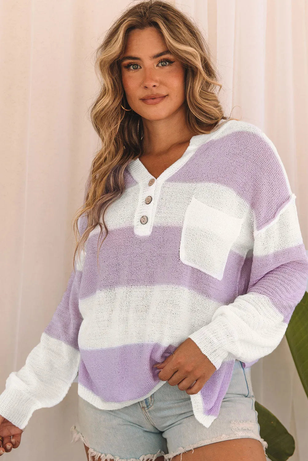 Pink Striped Knit Button Ribbed Split Neck Sweater - Chic Meadow Boutique 