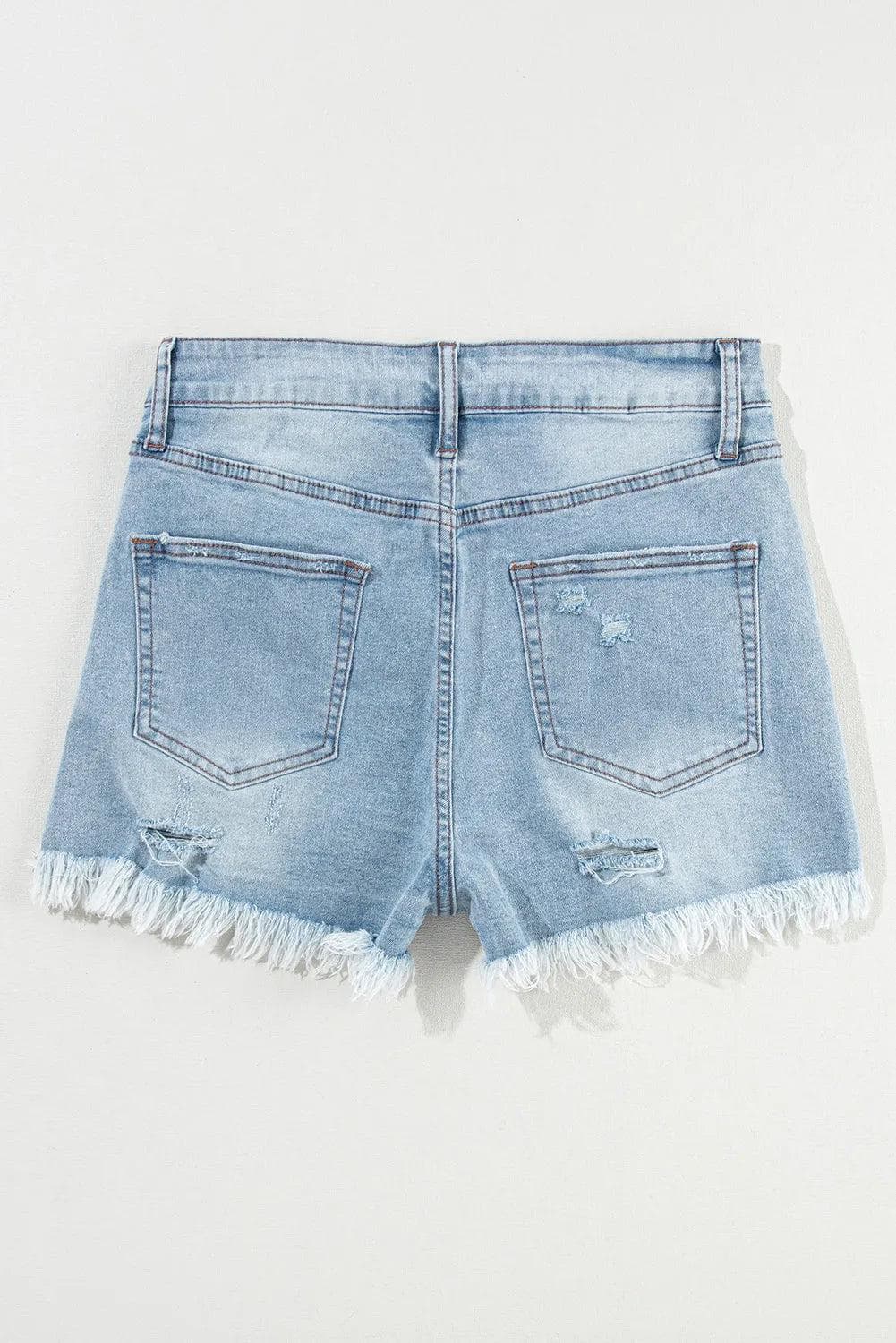 Light Blue Distressed Ripped Raw Hem High Waist Denim Shorts - Chic Meadow Boutique 