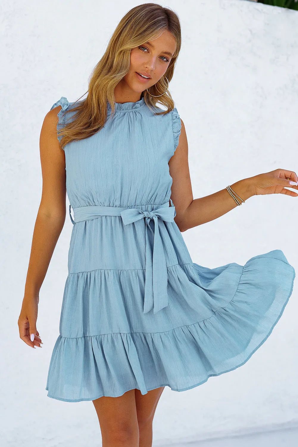 Sky Blue Frilled Neck Sleeveless Tiered Tulle Dress - Chic Meadow Boutique 