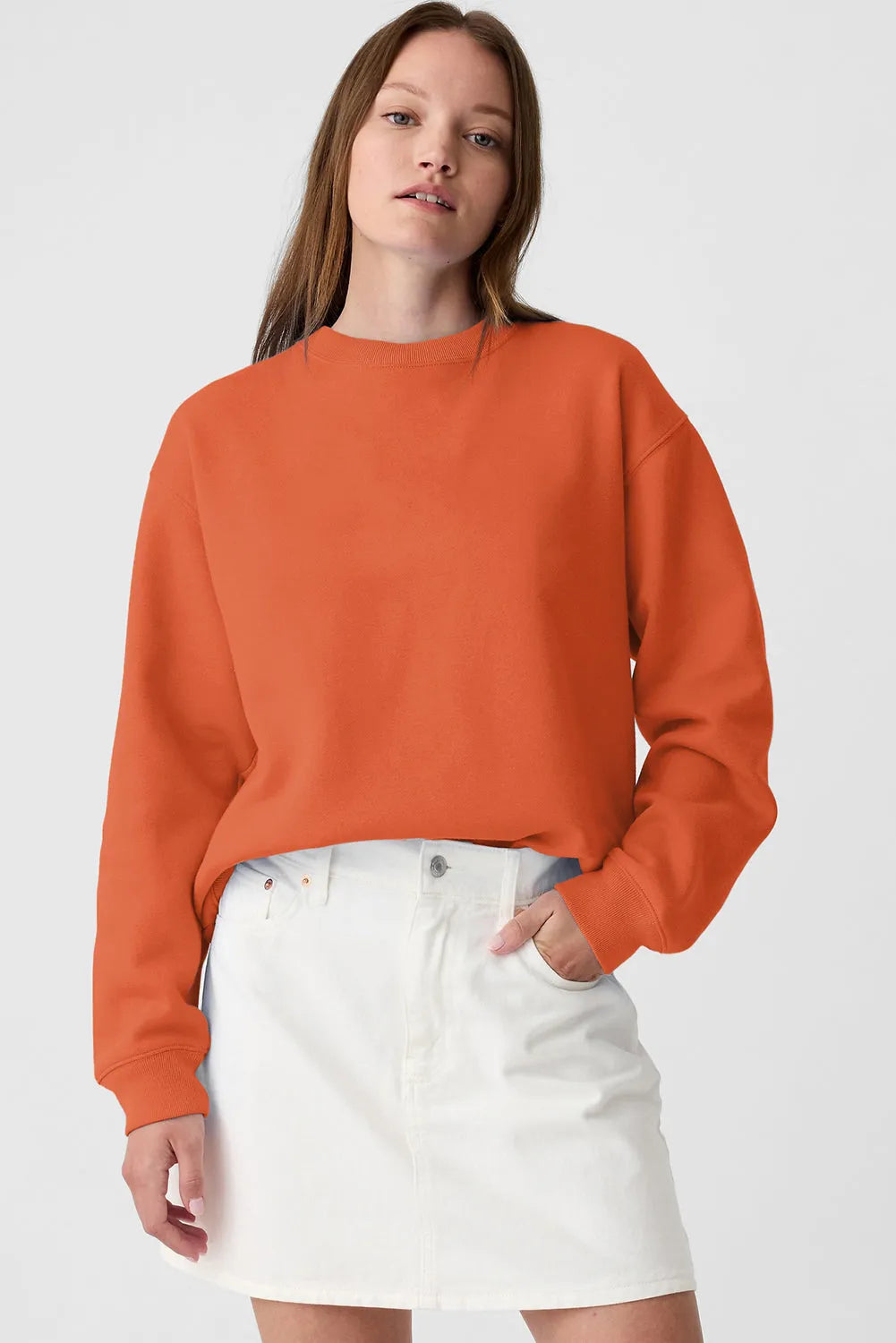 Orange Plain Drop Shoulder Crewneck Pullover Sweatshirt - Chic Meadow Boutique 