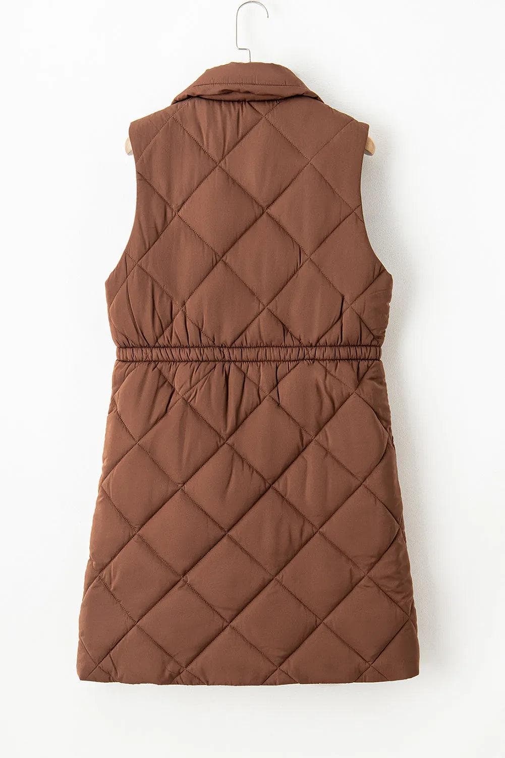 Outerwear/Vests Coffee Longline Quilted Stand Collar Puffer Vest