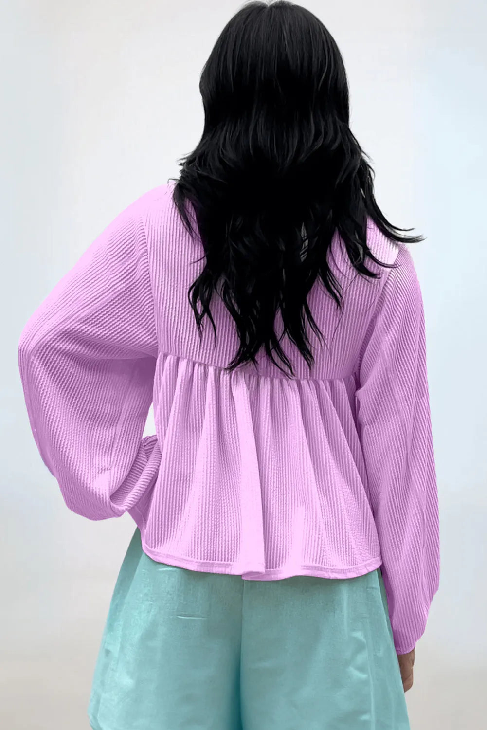 Tops/Blouses & Shirts Phalaenopsis Corded Turn-down V Neck Bubble Sleeve Babydoll Blouse