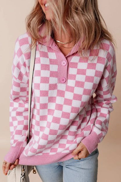 Pink Checkered Buttons Collar V Neck Drop Shoulder Sweater - Chic Meadow Boutique 