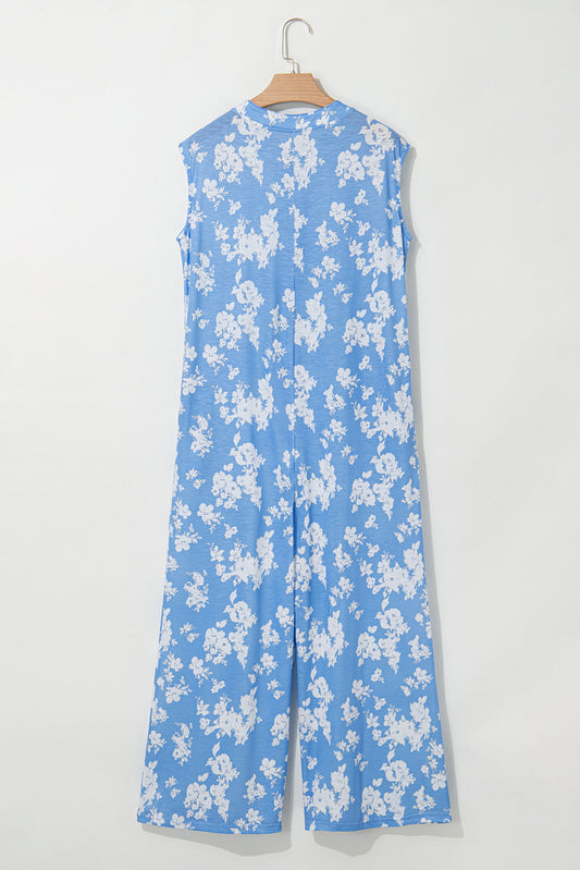Myosotis Floral Print Half Button Wide Leg Relaxed Sleeveless Jumpsuit