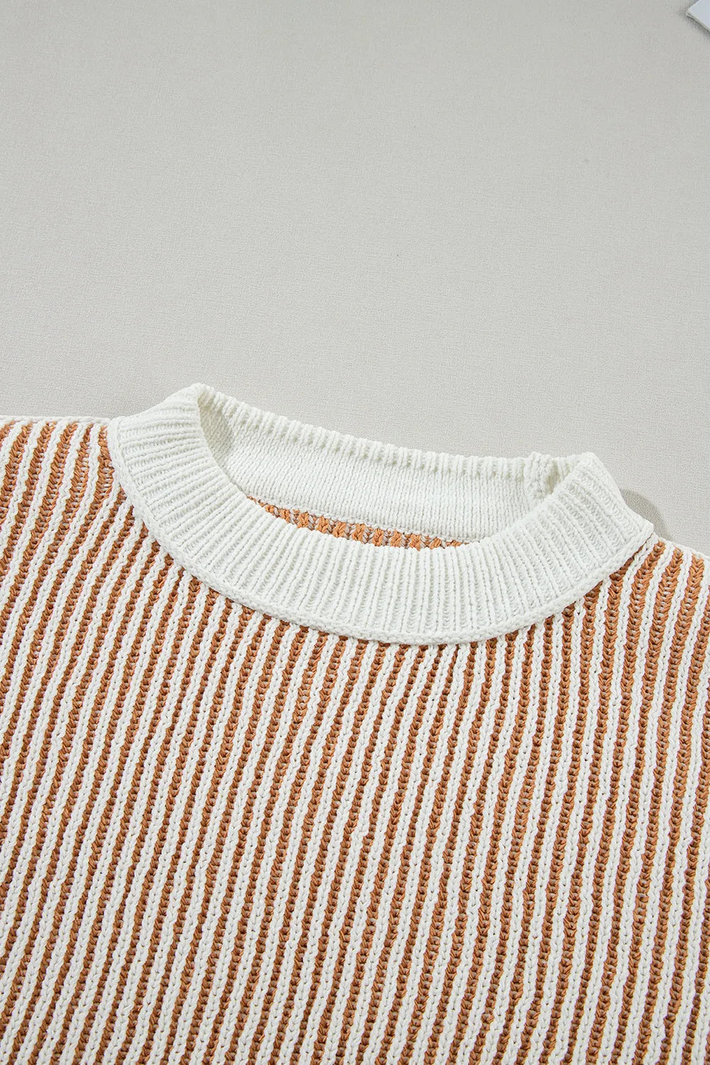 Chestnut Striped Textured Knit Contrast Edge Loose Sweater - Chic Meadow Boutique 