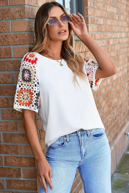 White Floral Crochet Short Sleeve Top - Chic Meadow Boutique 