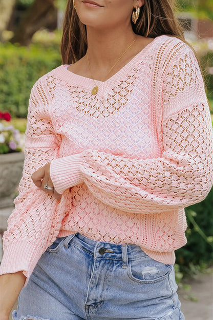 Pink Loose Pointelle Knit Ribbed V Neck Sweater - Chic Meadow Boutique 