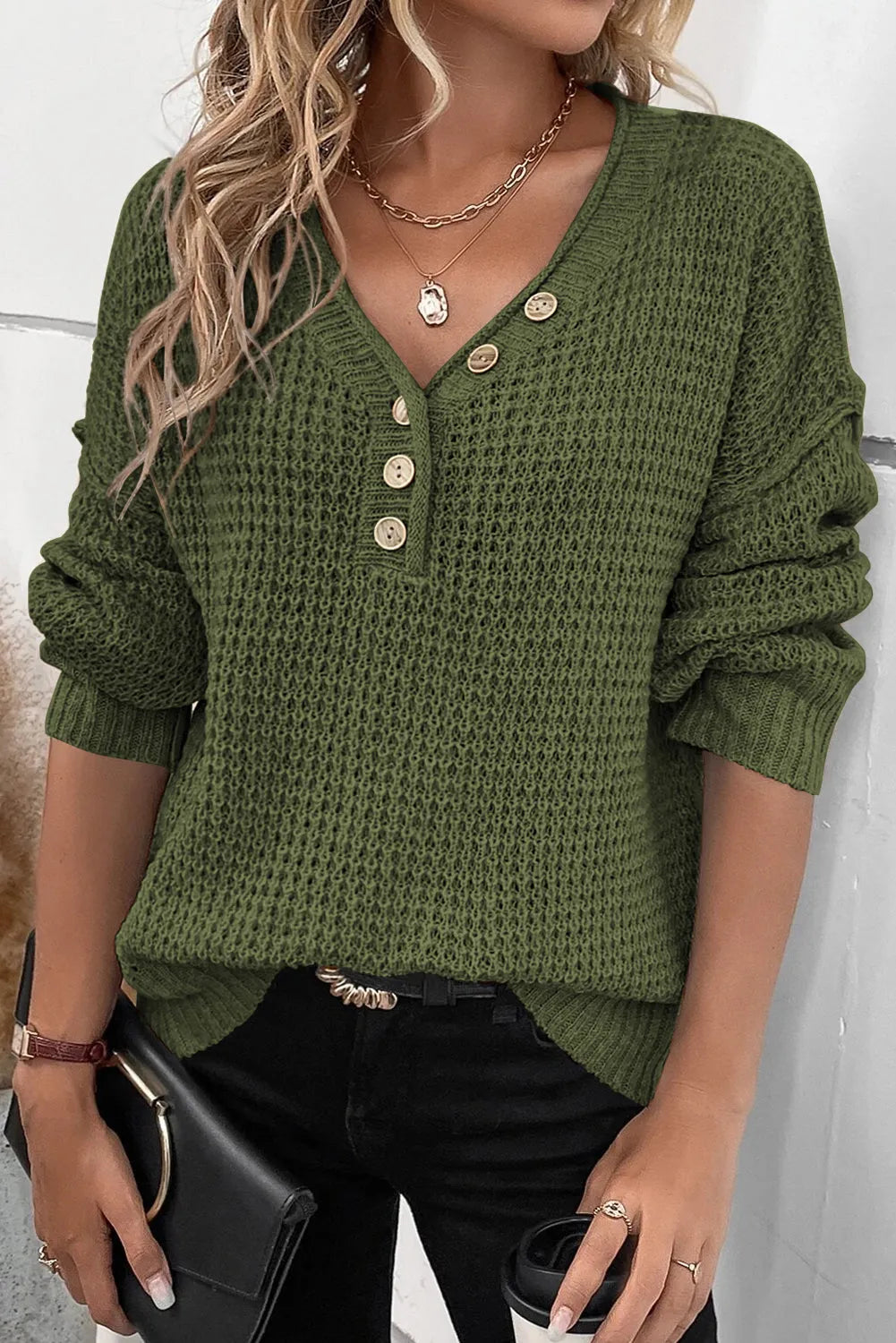 Pickle Green Pointelle Knit Button V Neck Drop Shoulder Sweater - Chic Meadow Boutique 