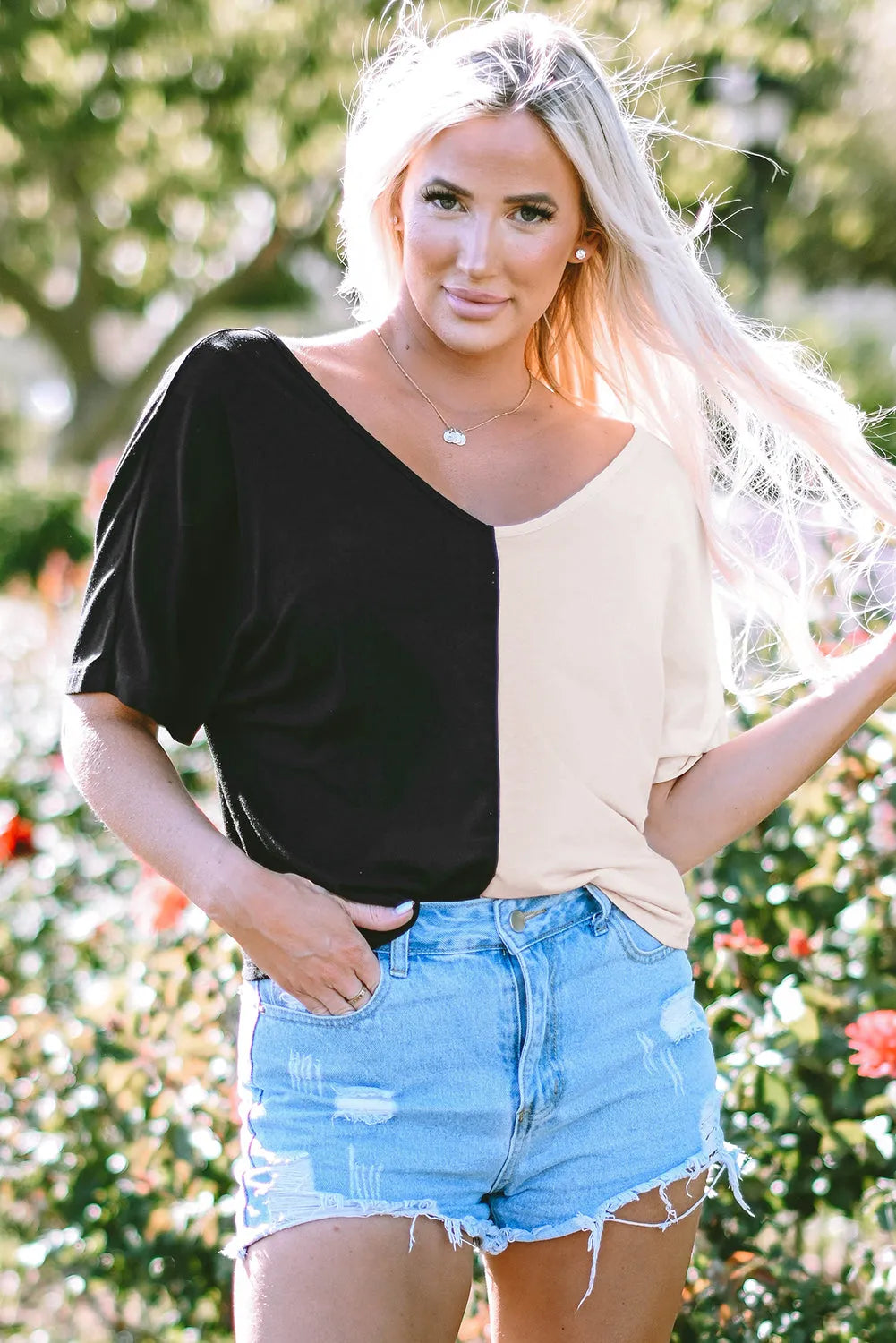 Black Plunging Twist Back Color Block Short Sleeve Top - Chic Meadow Boutique 