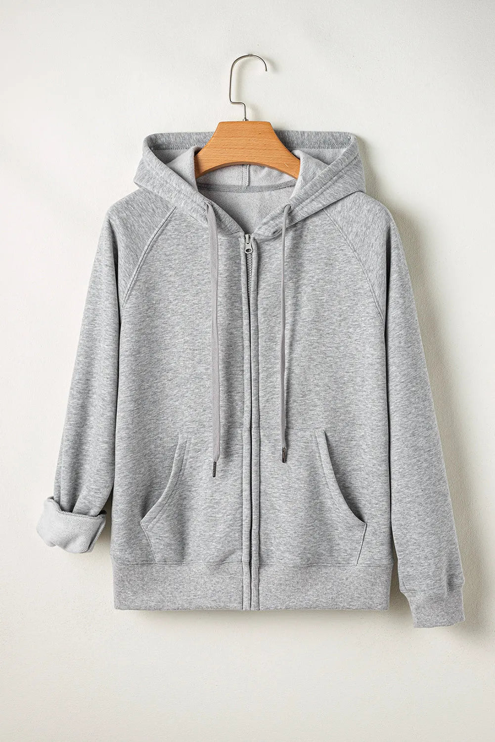 Light Grey Solid Color Fleece Lined Zip up Hoodie - Chic Meadow Boutique 