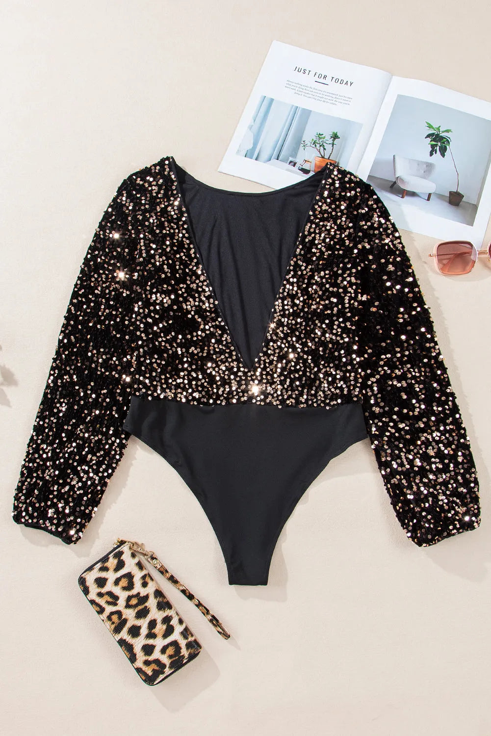 Black Deep V Back Sequin Puff Sleeve Bodysuit - Chic Meadow Boutique 