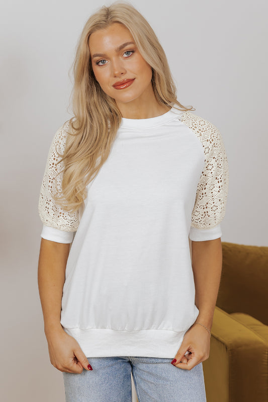 White Lace Crochet Short Sleeve Round Neck T Shirt