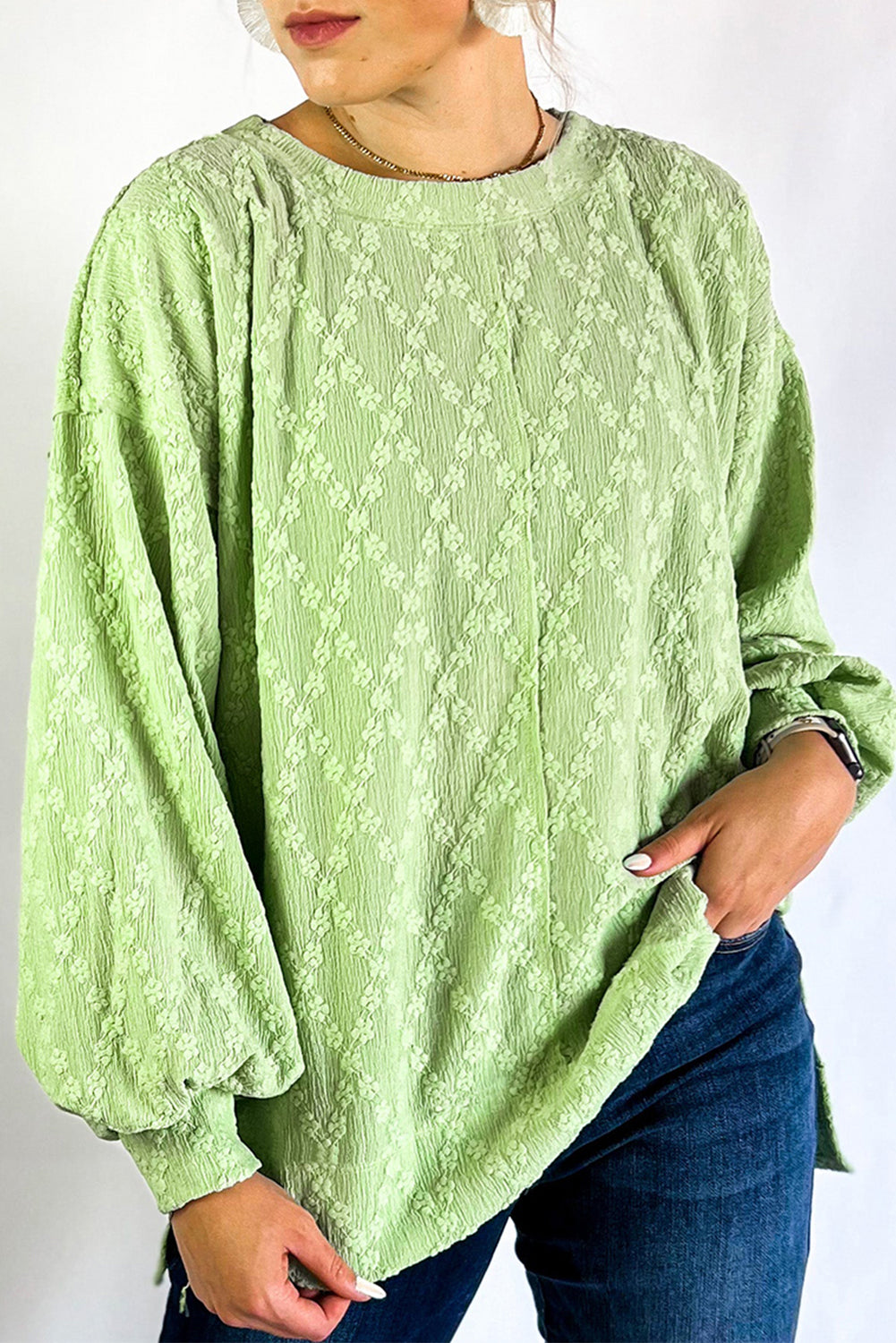 Light Green Solid Color Textured Side Split Crew Neck Blouse