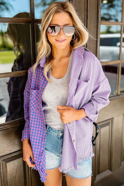 Purple Mixed Plaid Button Down Long Sleeve Chest Pocket Shirt - Chic Meadow Boutique 