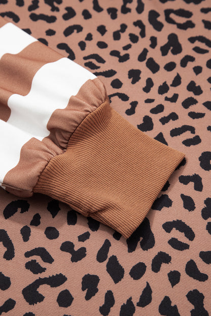 Khaki Leopard Striped Patchwork Plus Size Loose Sweatshirt