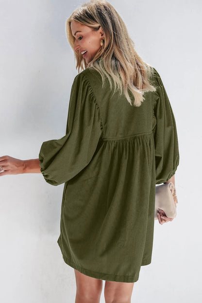 Vineyard Green Corduroy Snap Buttons Empire Waist Bracelet Sleeve Dress - Chic Meadow Boutique 