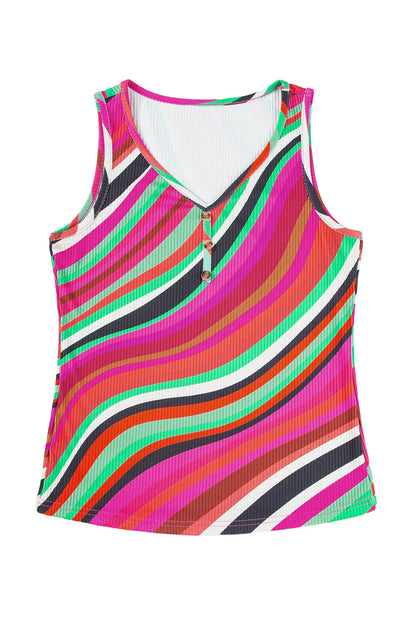 Purple Wavy Striped Buttoned V Neck Tank Top - Chic Meadow Boutique 