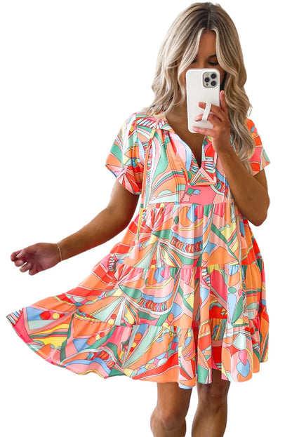 Multicolor Abstract Geometric Print Tassel Tie Flared Dress - Chic Meadow Boutique 