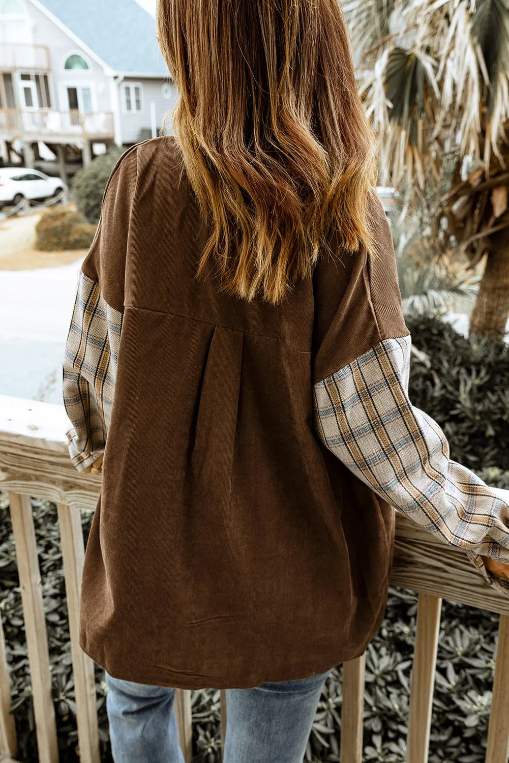 Brown Plaid Patchwork Corduroy Shirt Jacket with Pocket - Chic Meadow Boutique 