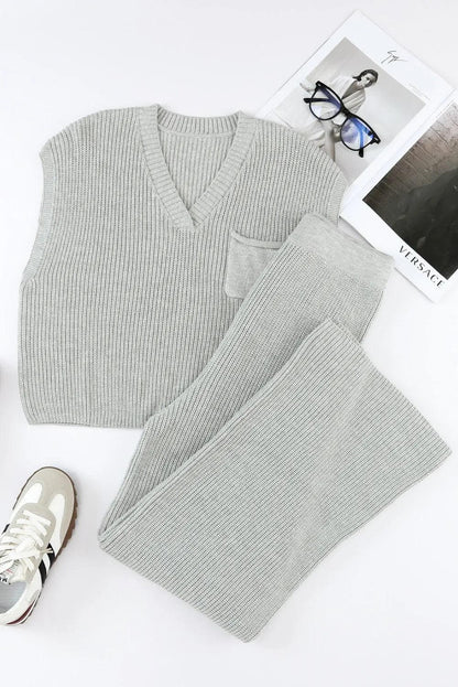 Two Piece Sets/Pant Sets Gray Knitted V Neck Sweater and Casual Pants Set