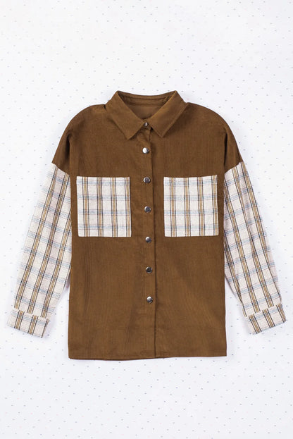 Brown Plaid Patchwork Corduroy Shirt Jacket with Pocket - Chic Meadow Boutique 