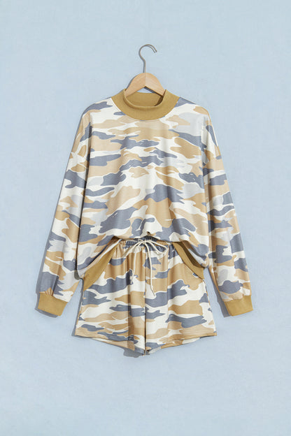 Multicolour Camouflage Print Long Sleeve Top Drawstring Shorts Set