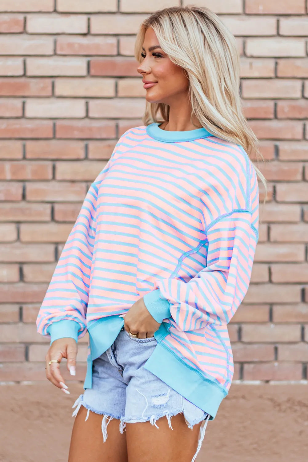 Pink Stripe Contrast Trim High Low Pullover Tunic Sweatshirt - Chic Meadow Boutique 