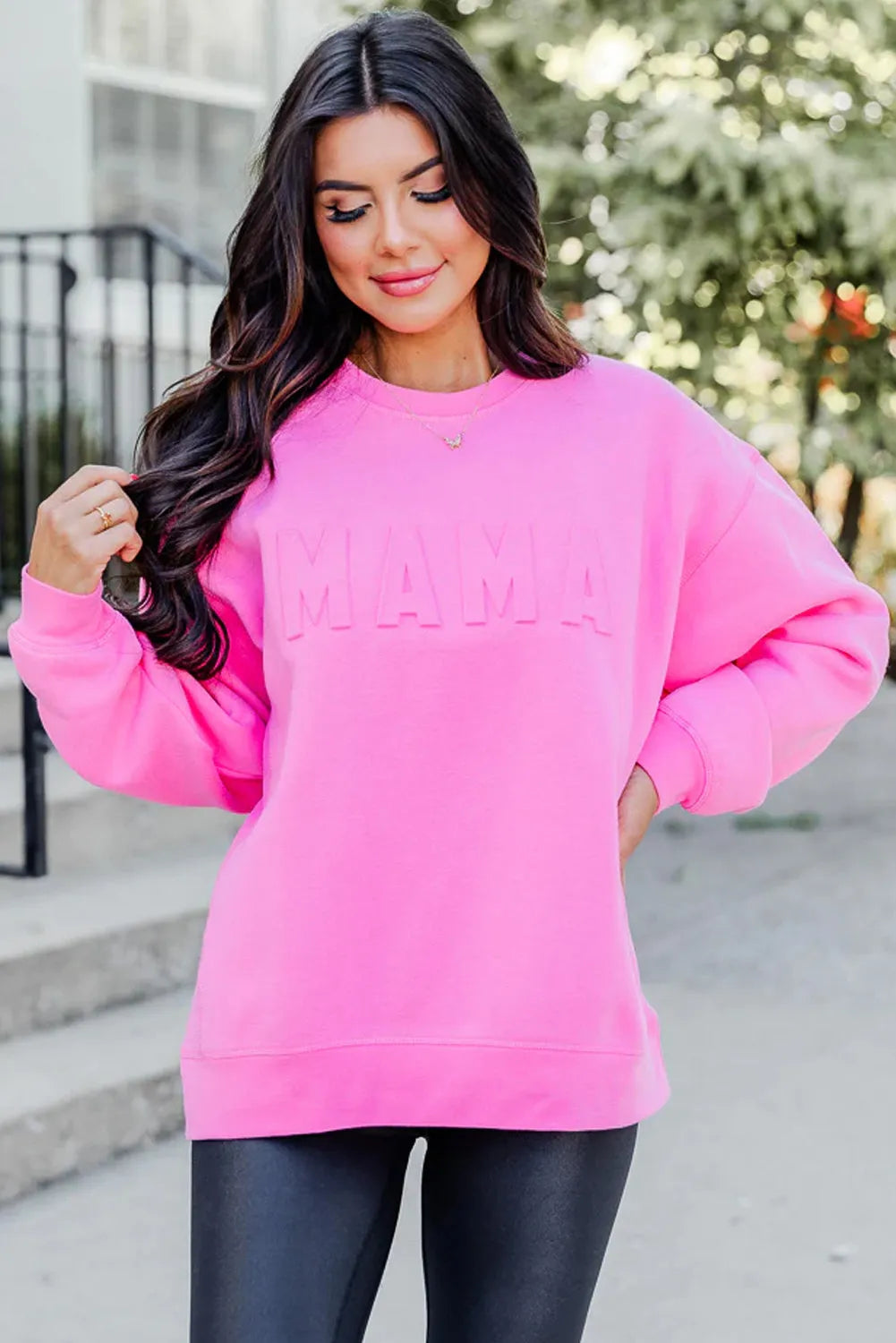 Bright Pink MAMA Letter Embossed Casual Sweatshirt - Chic Meadow Boutique 