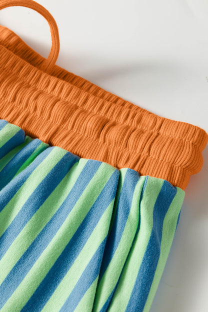 Green Stripe Colorblock Trim V Neck Tee Drawstring Elastic Waist Short Set