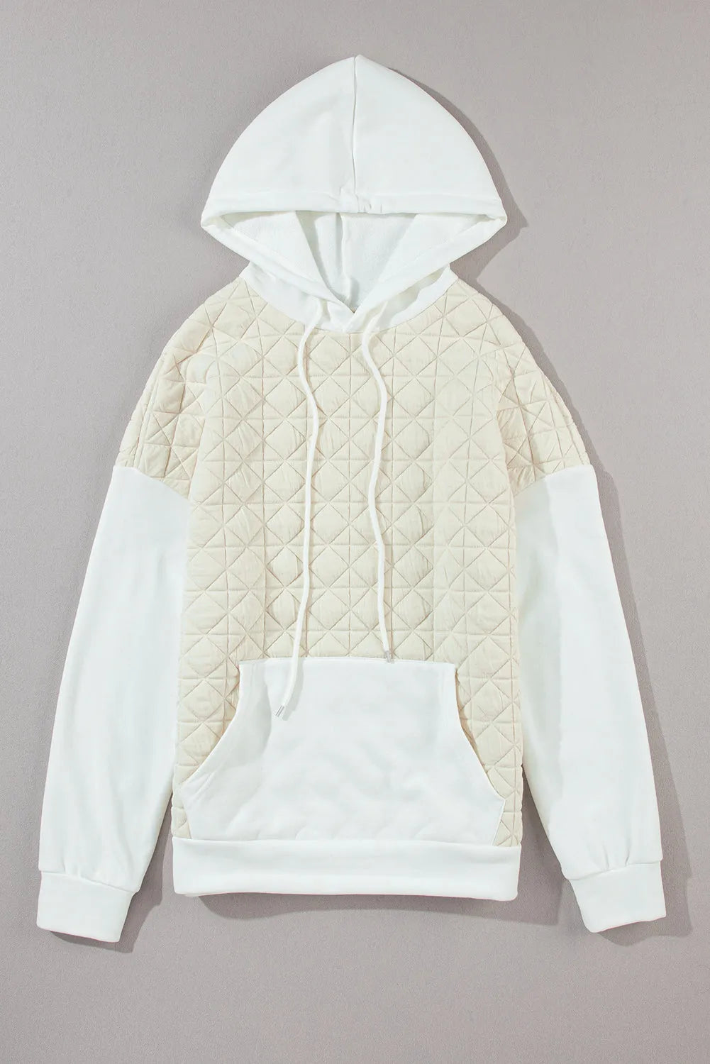 Beige Drop Shoulder Quilted Patchwork Kangaroo Pocket Hoodie - Chic Meadow Boutique 