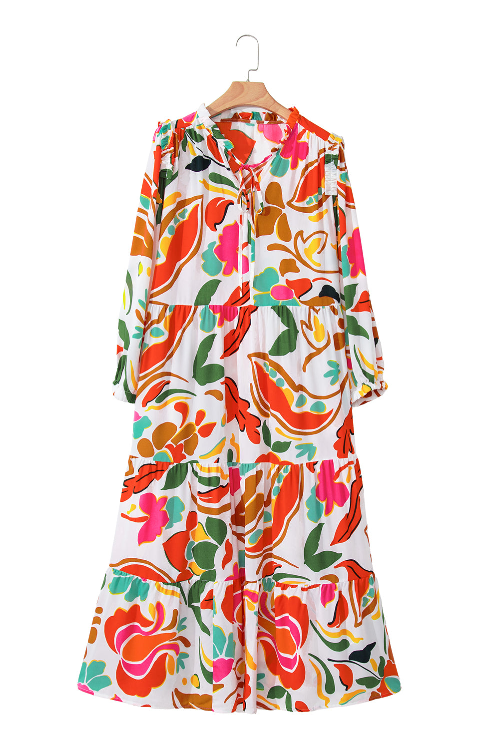 Orange Floral Print Drawstring V Neck Tiered Plus Size Dress