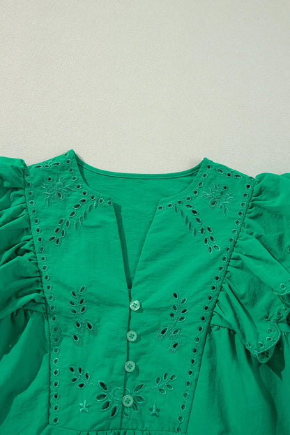 Bright Green Embroidered Ruffled Trim 3/4 Sleeve V Neck Mini Dress - Chic Meadow Boutique 