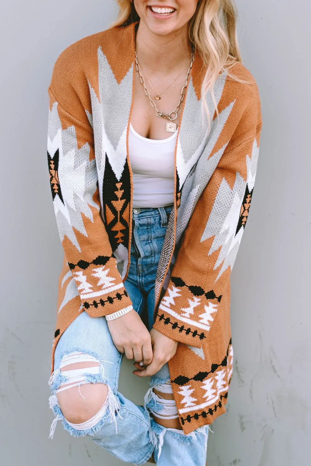 Gold Flame Aztec Graphic Open-Front Cardigan - Chic Meadow Boutique 