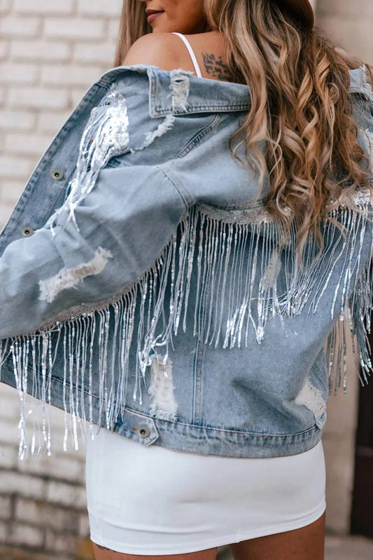 Sky Blue Sequin Embellished Fringe Distressed Denim Jacket - Chic Meadow Boutique 