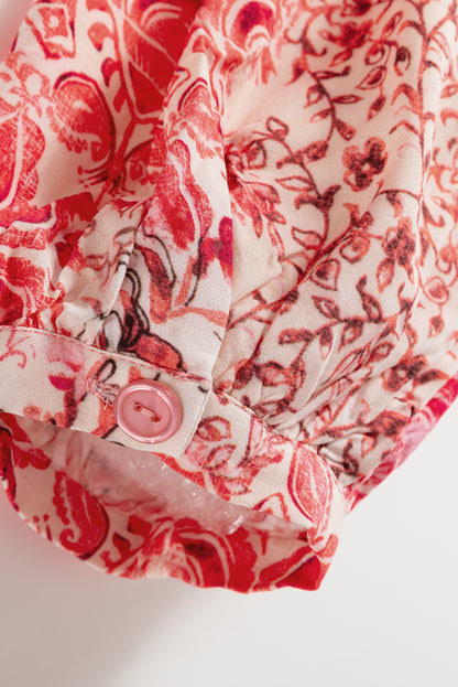 Pink Bohemian Floral Print Tassel Tie Long Sleeve Flowy Mini Dress