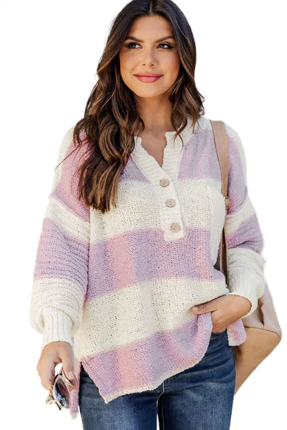 Pink Striped Knit Button Ribbed Split Neck Sweater - Chic Meadow Boutique 