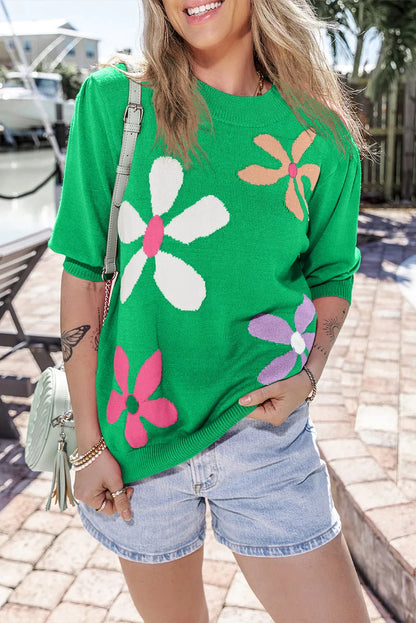 Bright Green Floral Bubble Short Sleeve Sweater - Chic Meadow Boutique 