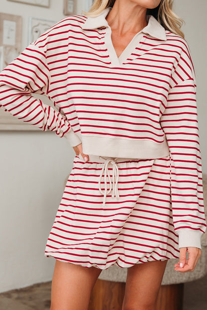 Red Stripe Cropped Collared Drop Shoulder Pullover and Bubble Mini Skirt Set