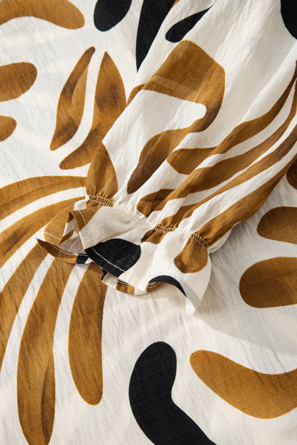 Brown Tropical Printed Contrast Trim Neck Long Sleeve Ruffle Hem Dress