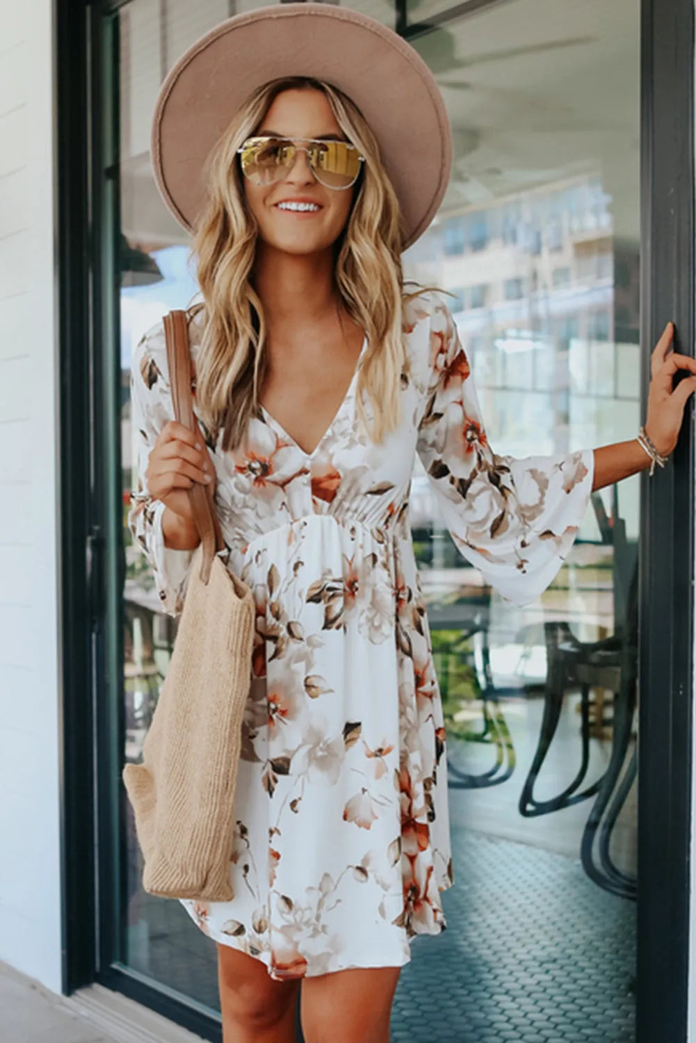 White V Neck 3/4 Sleeve Floral Dress - Chic Meadow Boutique 