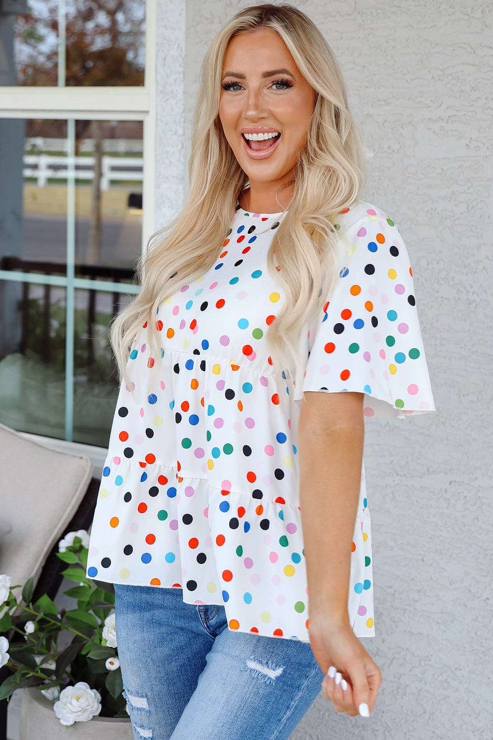 White Colorful Polka Dot Short Sleeve Tiered Ruffled Babydoll Blouse