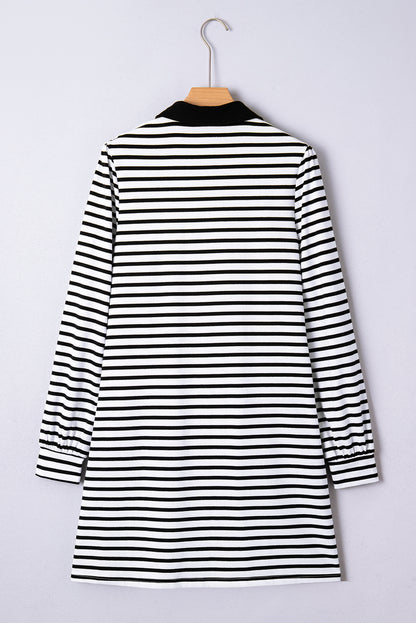 White Stripe Buttoned Front Collared Long Sleeve T Shirt Dress with Pockets