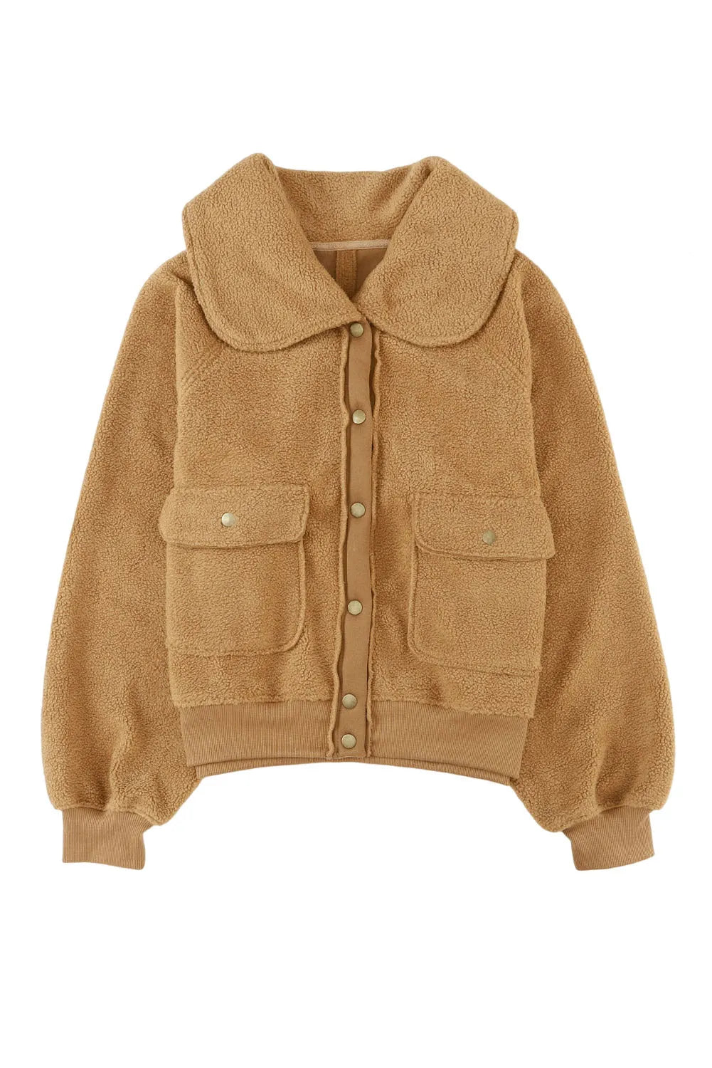 Brown Button Flap Pocket Spread Collar Fleece Jacket - Chic Meadow Boutique 