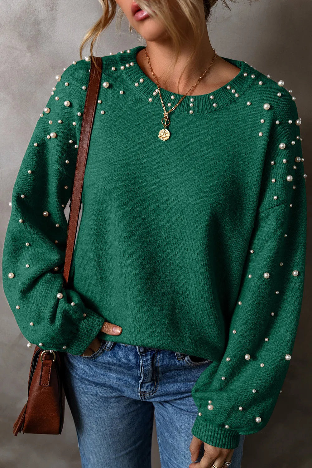 Evergreen Pearled Drop Shoulder Round Neck Sweater - Chic Meadow Boutique 