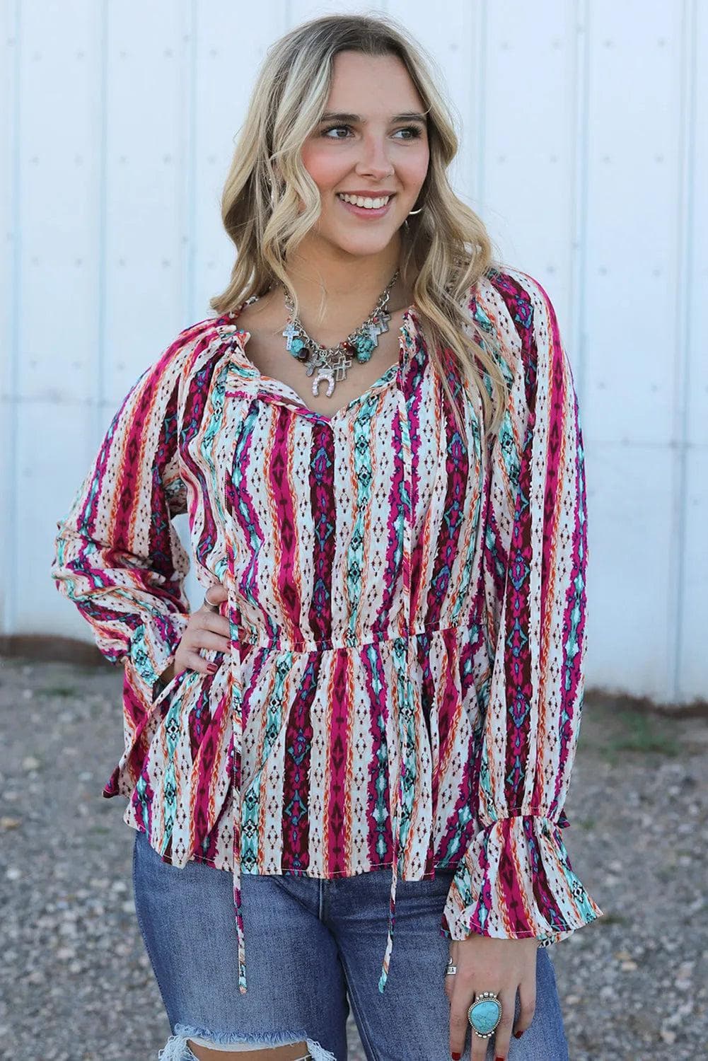 Tops/Blouses & Shirts Multicolour Western Aztec Split Neck Peplum Blouse