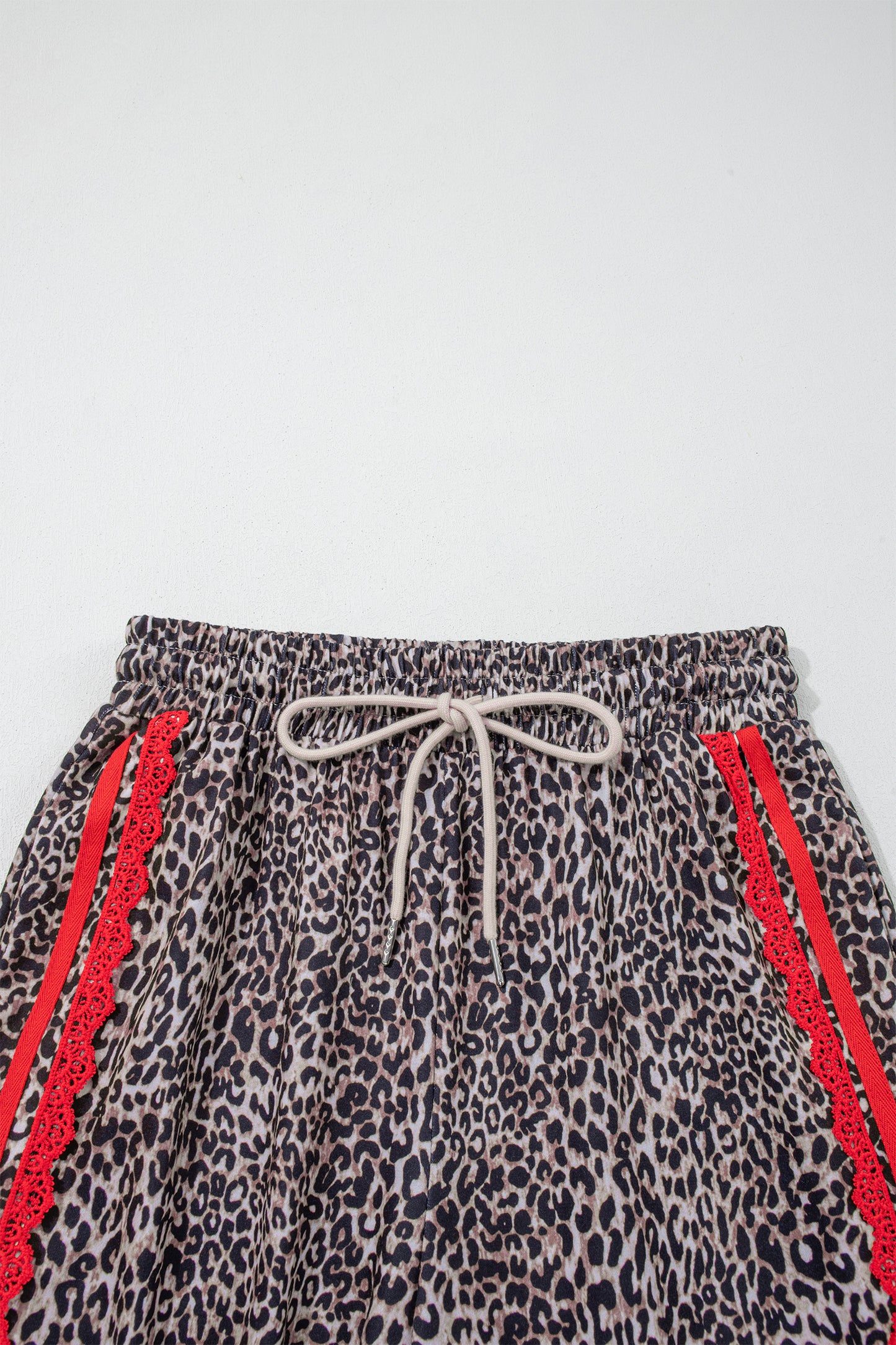 Brown Wild Leopard Print Contrast Lace Striped Detail Drawstring Pants