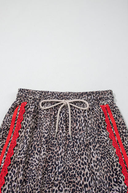 Brown Wild Leopard Print Contrast Lace Striped Detail Drawstring Pants