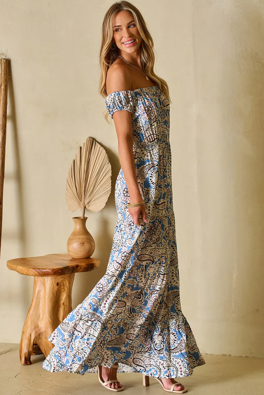 Blue Boho Paisley Print Off Shoulder Maxi Dress - Chic Meadow Boutique 