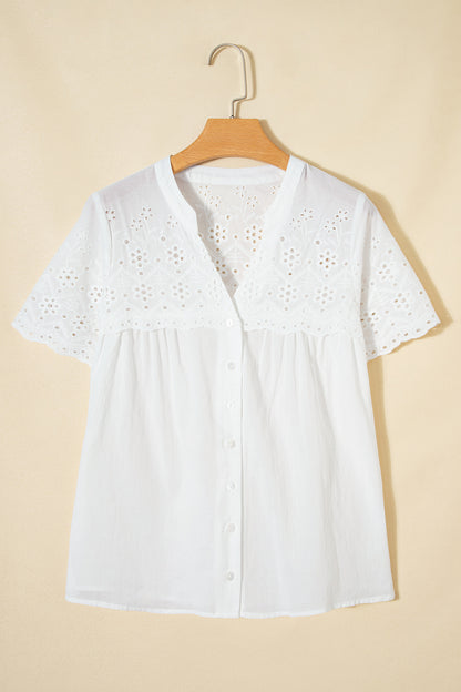 White Flower Eyelet Embroidered Patchwork Sheer Short Sleeve Shirt